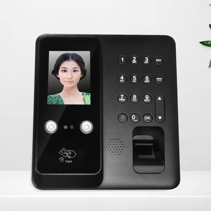 Face-and-fingerprint combo terminal with keypad on a desk stand