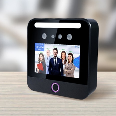 Multi-face recognition terminal on a desk, reception blurred behind
