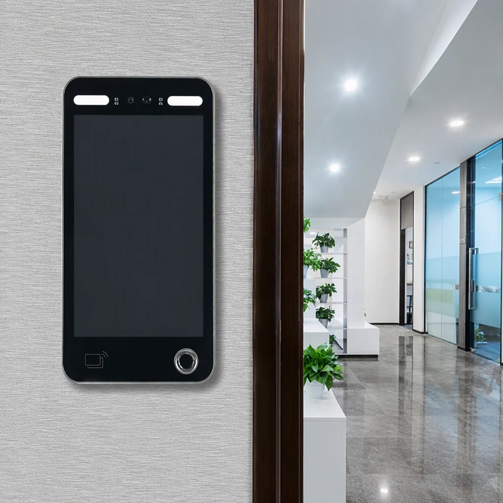 Face recognition terminal mounted on a wall beside an office glass partition