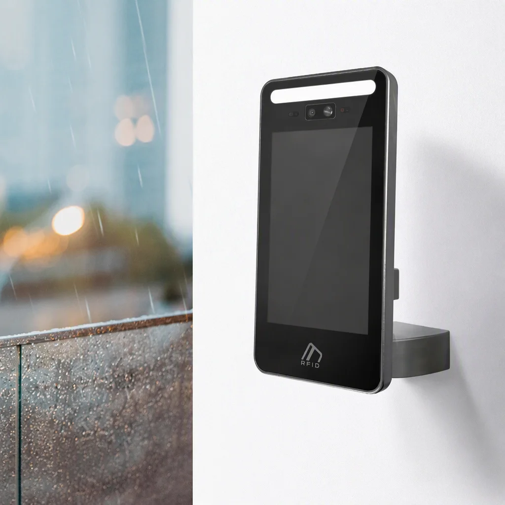 Metal face recognition terminal on a wall bracket by a rainy window