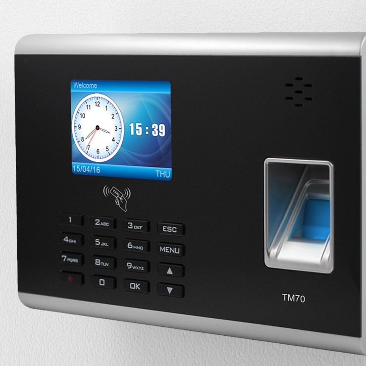 TM70 fingerprint attendance and access terminal mounted on an office wall