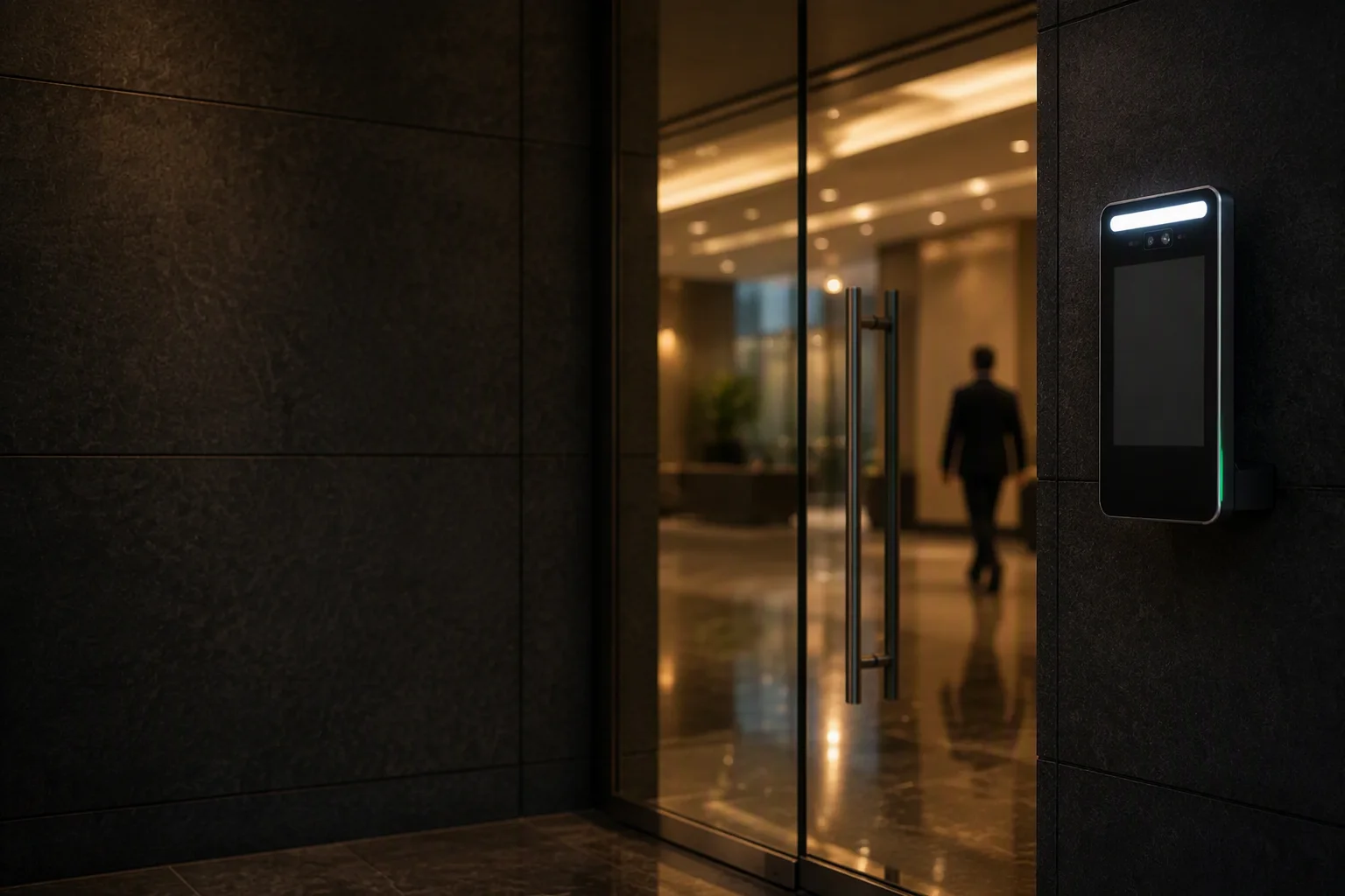 EMS Biometric face recognition access terminal with white LED strip and dual-lens camera, mounted on a dark stone wall beside a glass office entrance