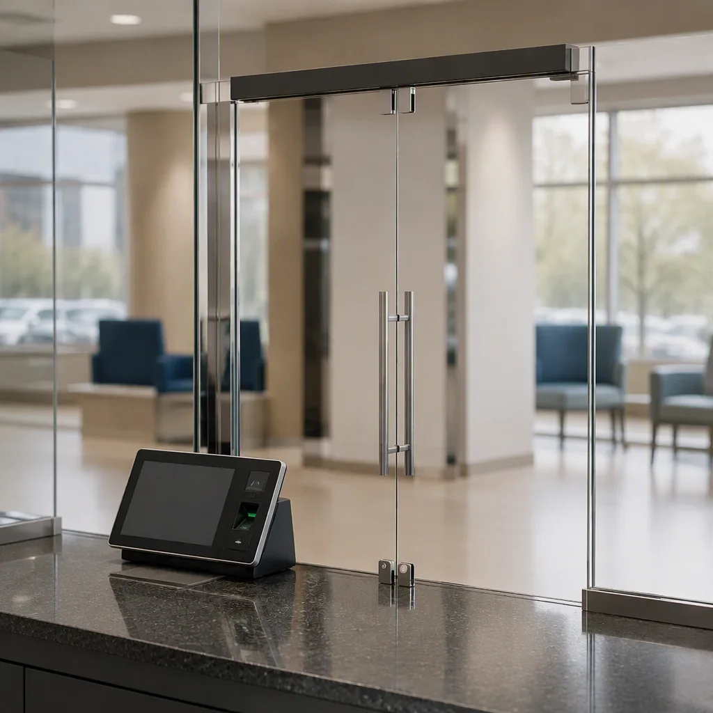 Bank branch security desk with biometrics