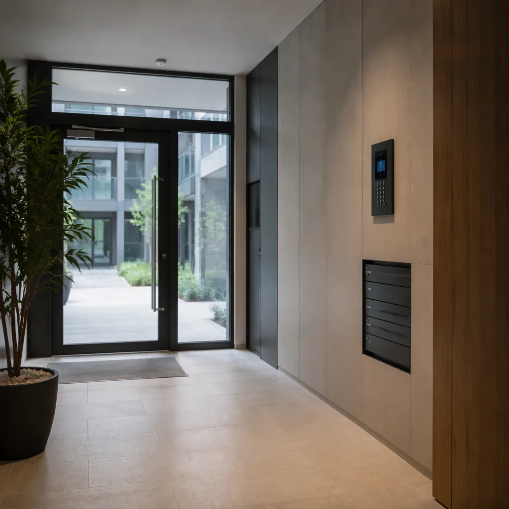 Intercom door station with a fingerprint reader at a gate
