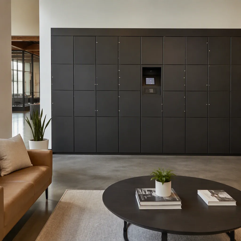 Locker kiosk array with fingerprint reader pods