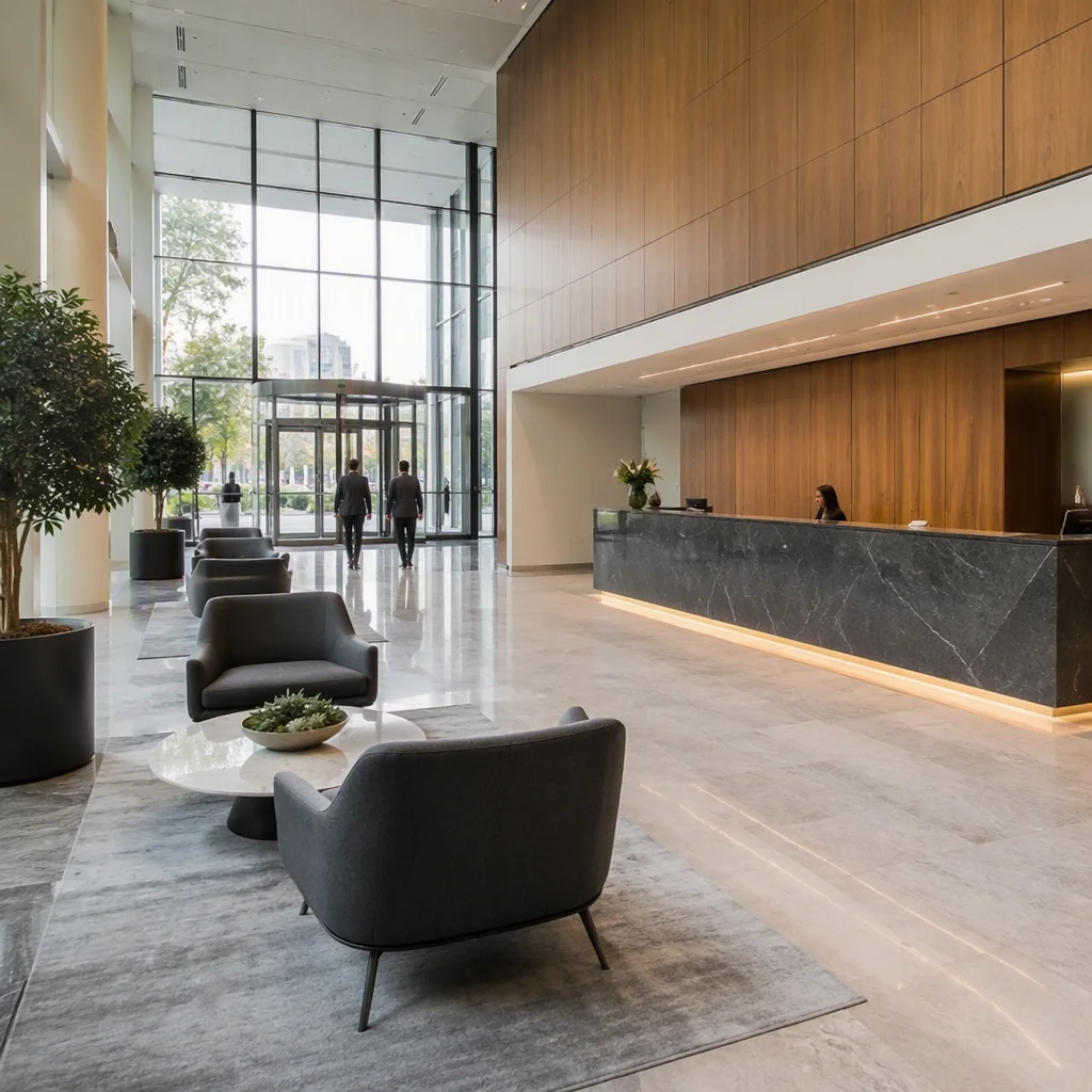 Commercially staffed entry lobby with face and vein front module
