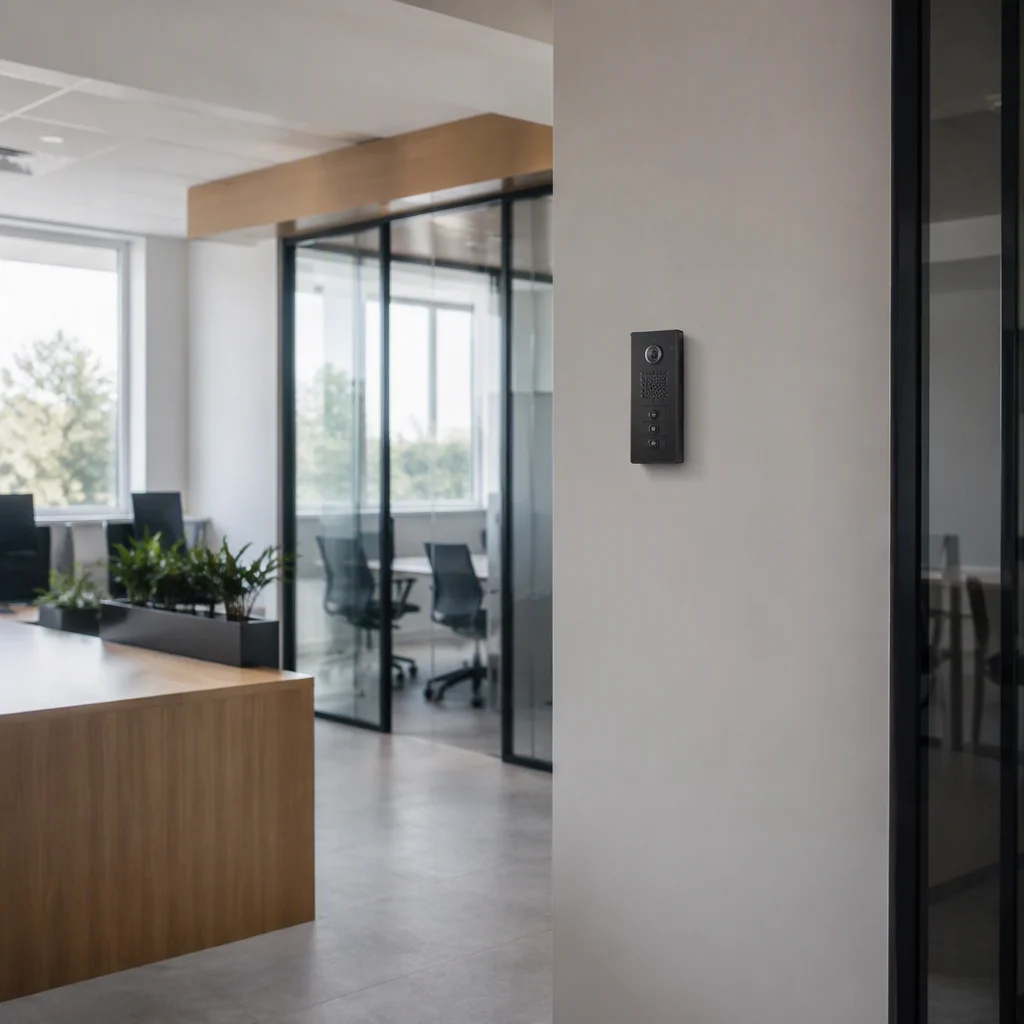 Slim intercom panel on a corridor wall with a face and vein module